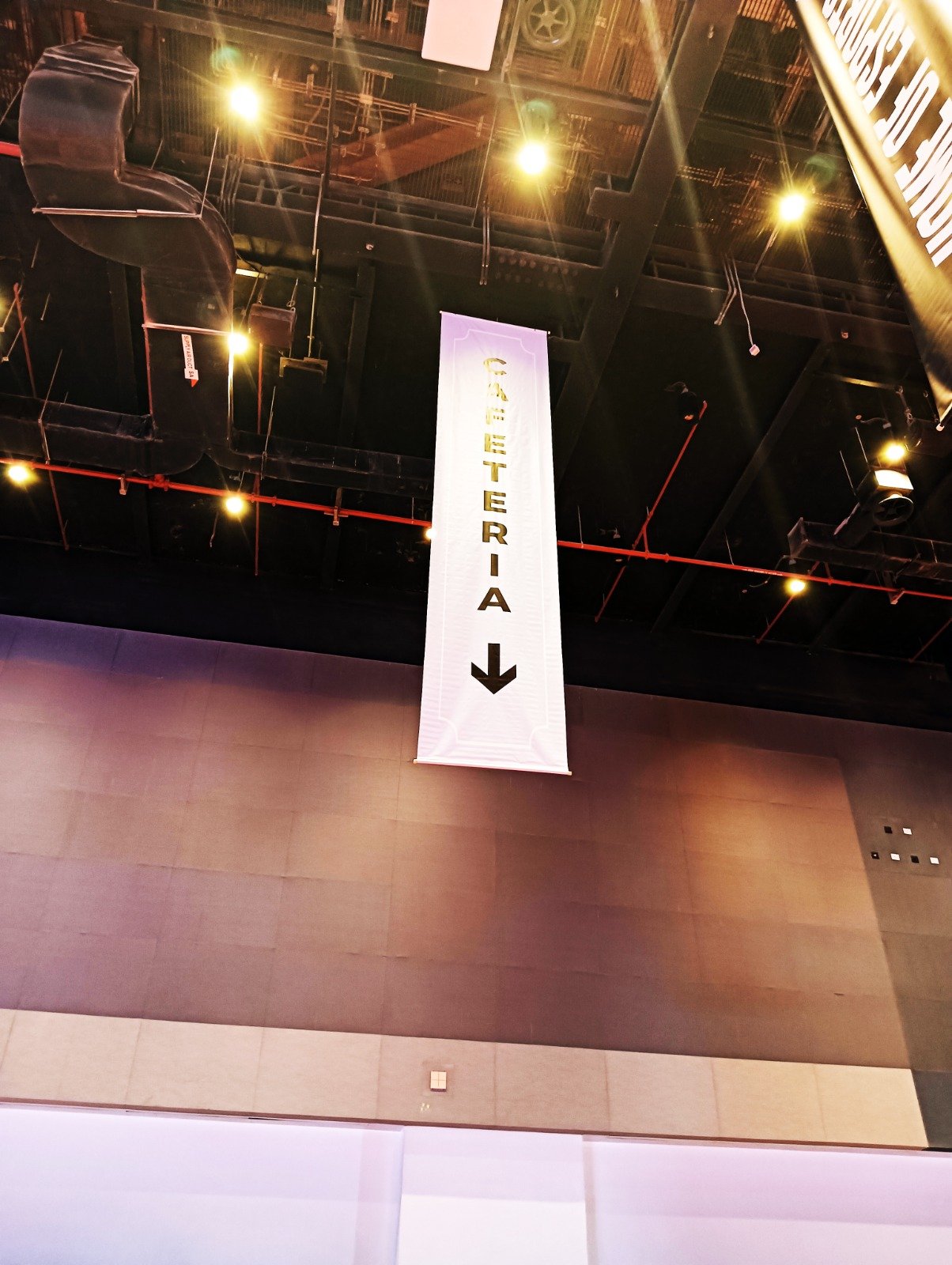 Hanging Wayfinding Banner — Vertical hanging signage installed high above a venue floor.
